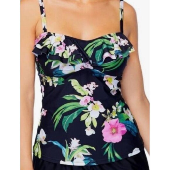 New Island Escape Tahiti Womens Sz 6 Black Floral Tankini Convertible Top 1037N - Picture 1 of 12